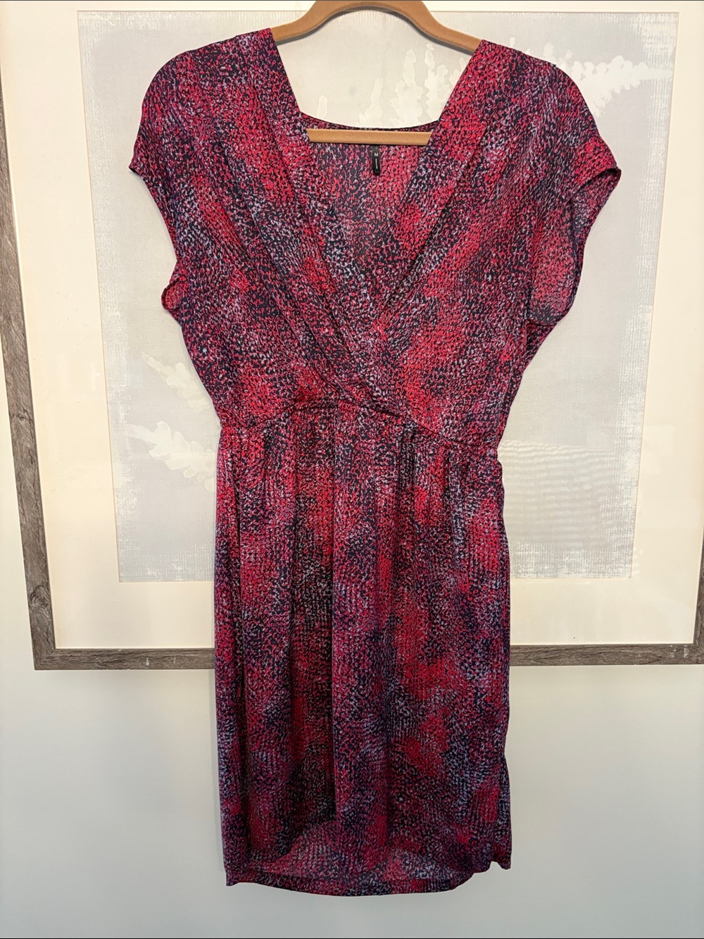 Women's Faux-Wrap Cap Sleeve Dress in Red-Purple Print